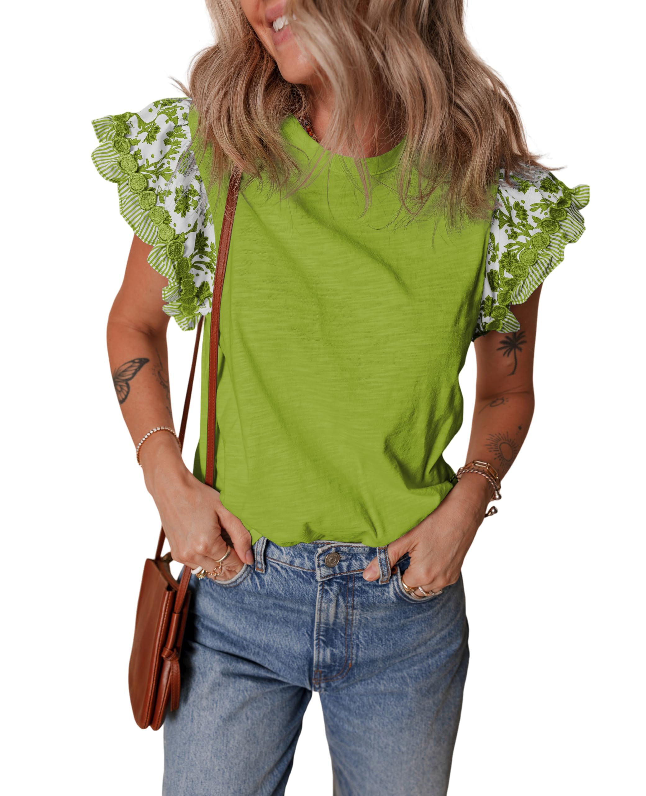 SELINK Womens Summer Ruffle Short Sleeve Top Crewneck T Shirts Floral Trim Casual Blouses