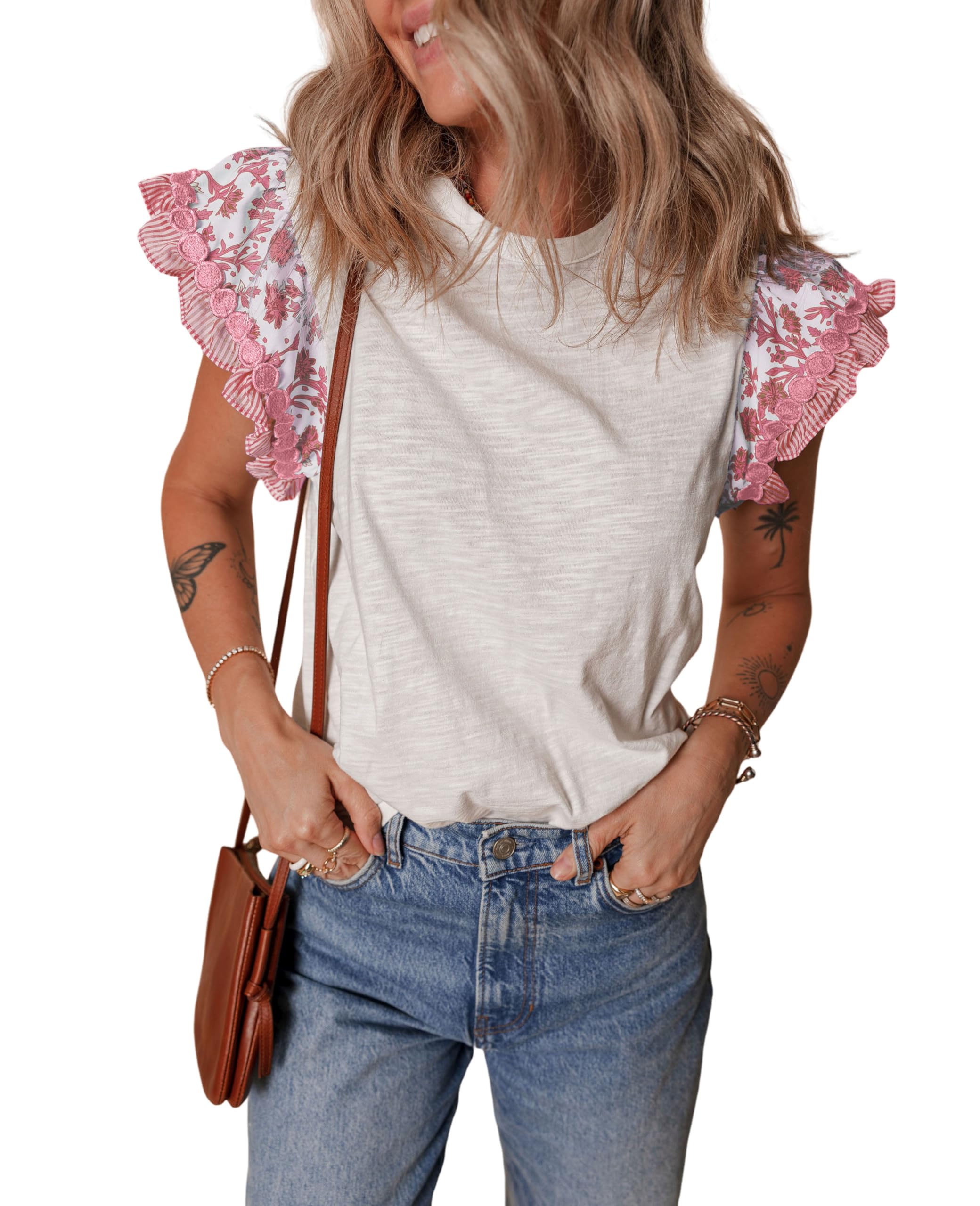 SELINK Womens Summer Ruffle Short Sleeve Top Crewneck T Shirts Floral Trim Casual Blouses
