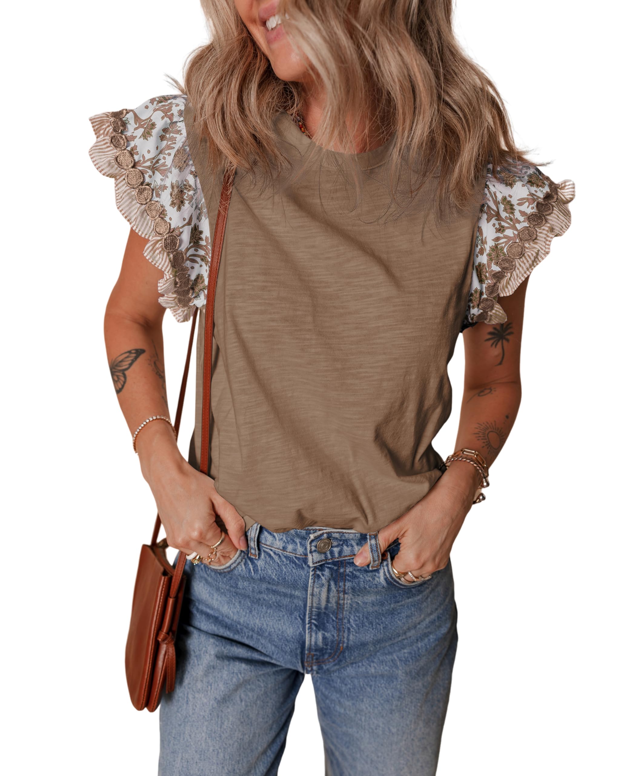 SELINK Womens Summer Ruffle Short Sleeve Top Crewneck T Shirts Floral Trim Casual Blouses