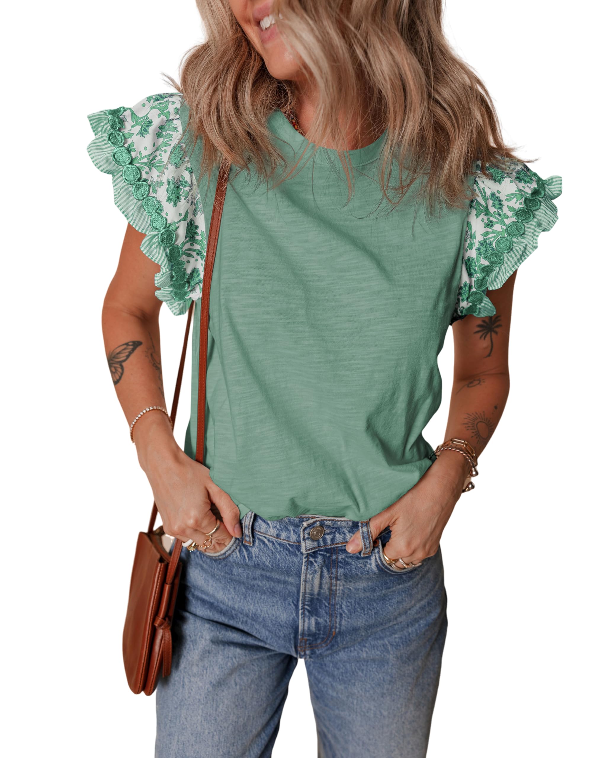 SELINK Womens Summer Ruffle Short Sleeve Top Crewneck T Shirts Floral Trim Casual Blouses