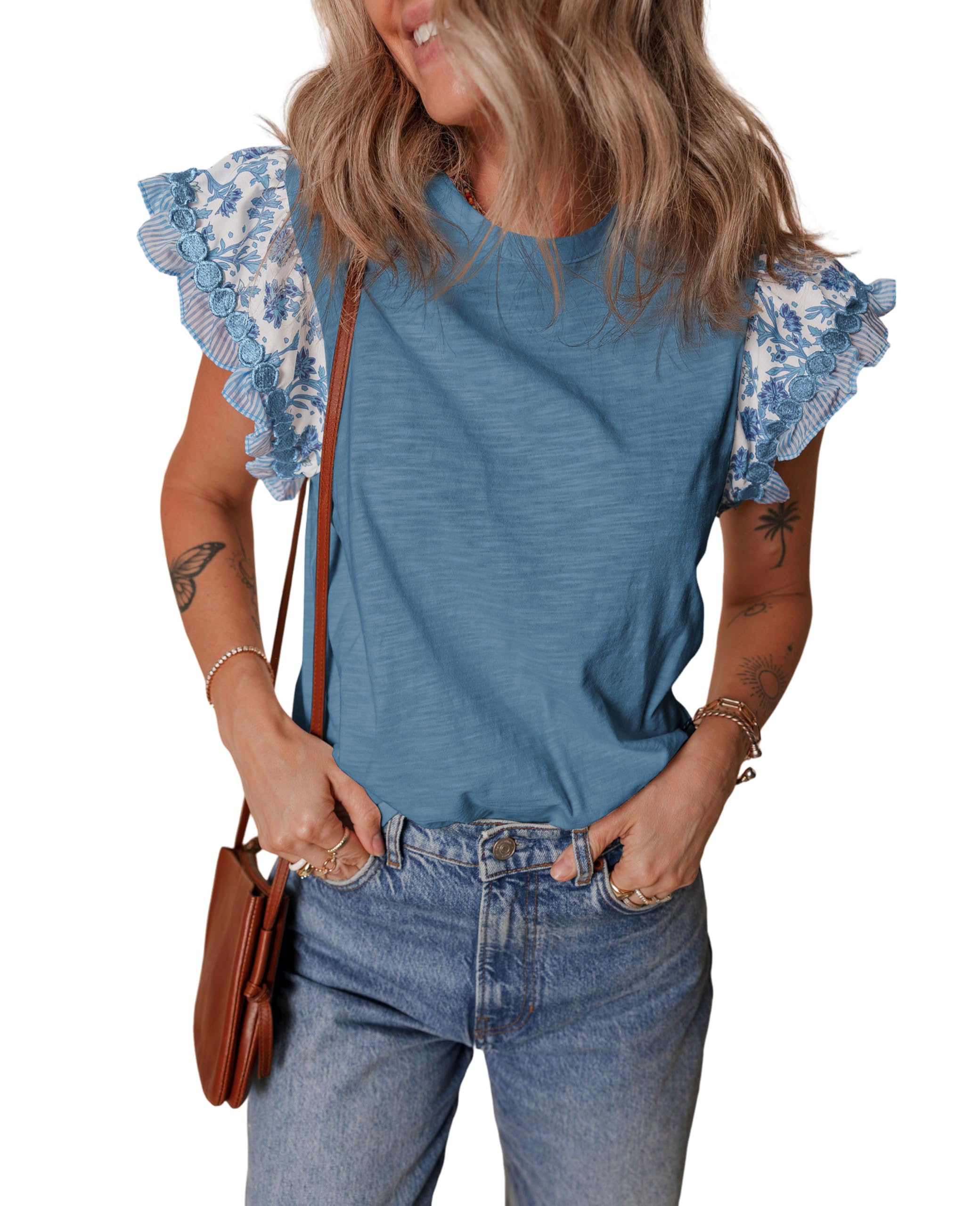 SELINK Womens Summer Ruffle Short Sleeve Top Crewneck T Shirts Floral Trim Casual Blouses