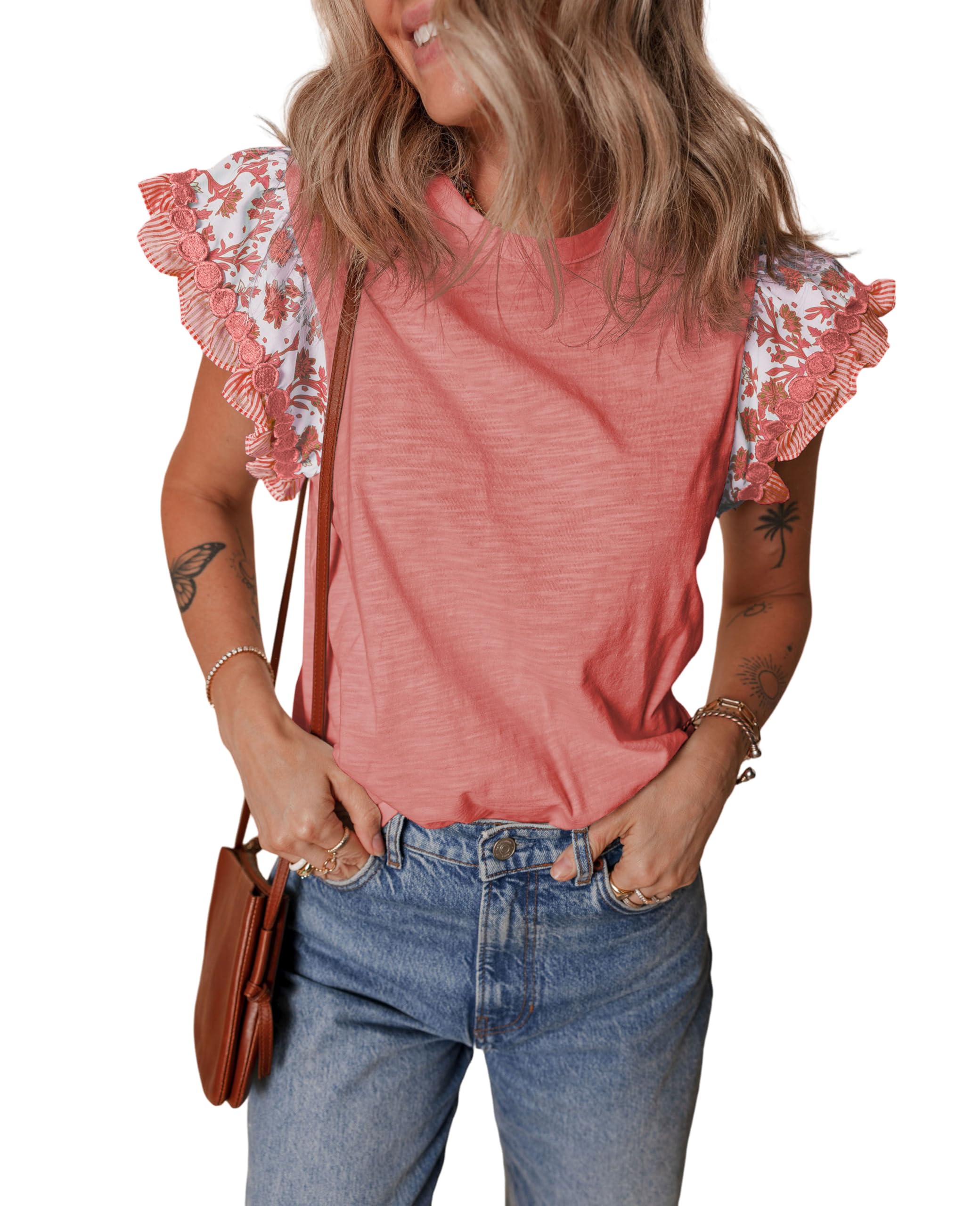 SELINK Womens Summer Ruffle Short Sleeve Top Crewneck T Shirts Floral Trim Casual Blouses