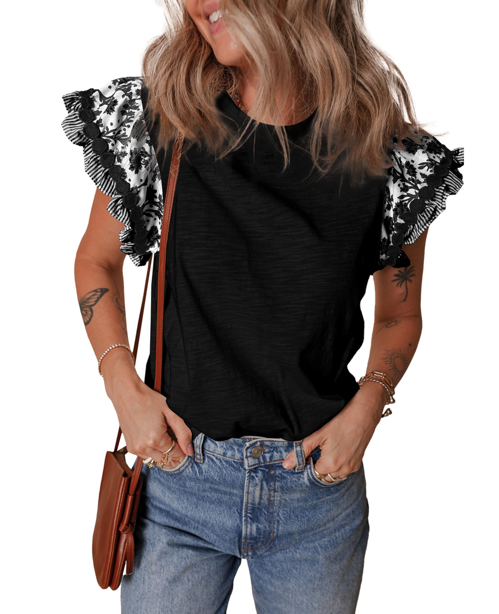 SELINK Womens Summer Ruffle Short Sleeve Top Crewneck T Shirts Floral Trim Casual Blouses