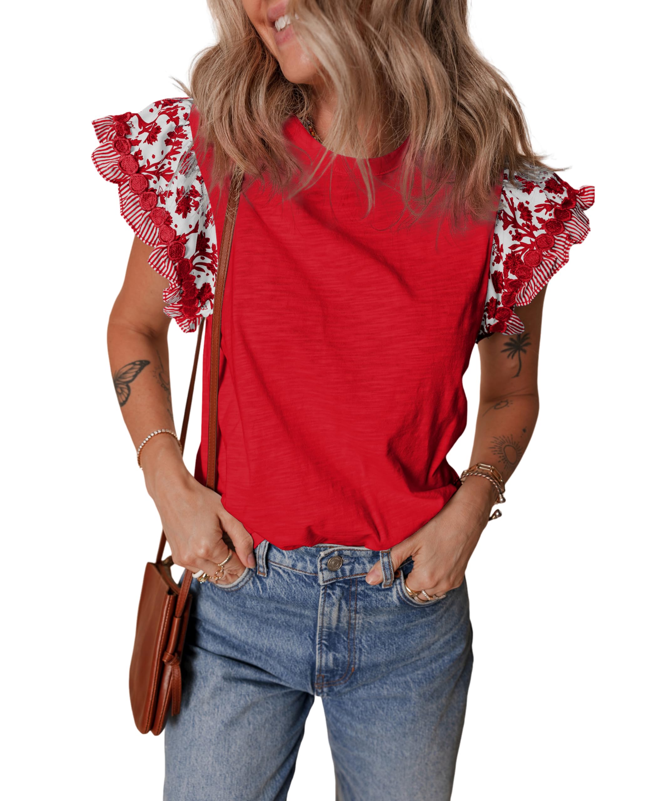 SELINK Womens Summer Ruffle Short Sleeve Top Crewneck T Shirts Floral Trim Casual Blouses