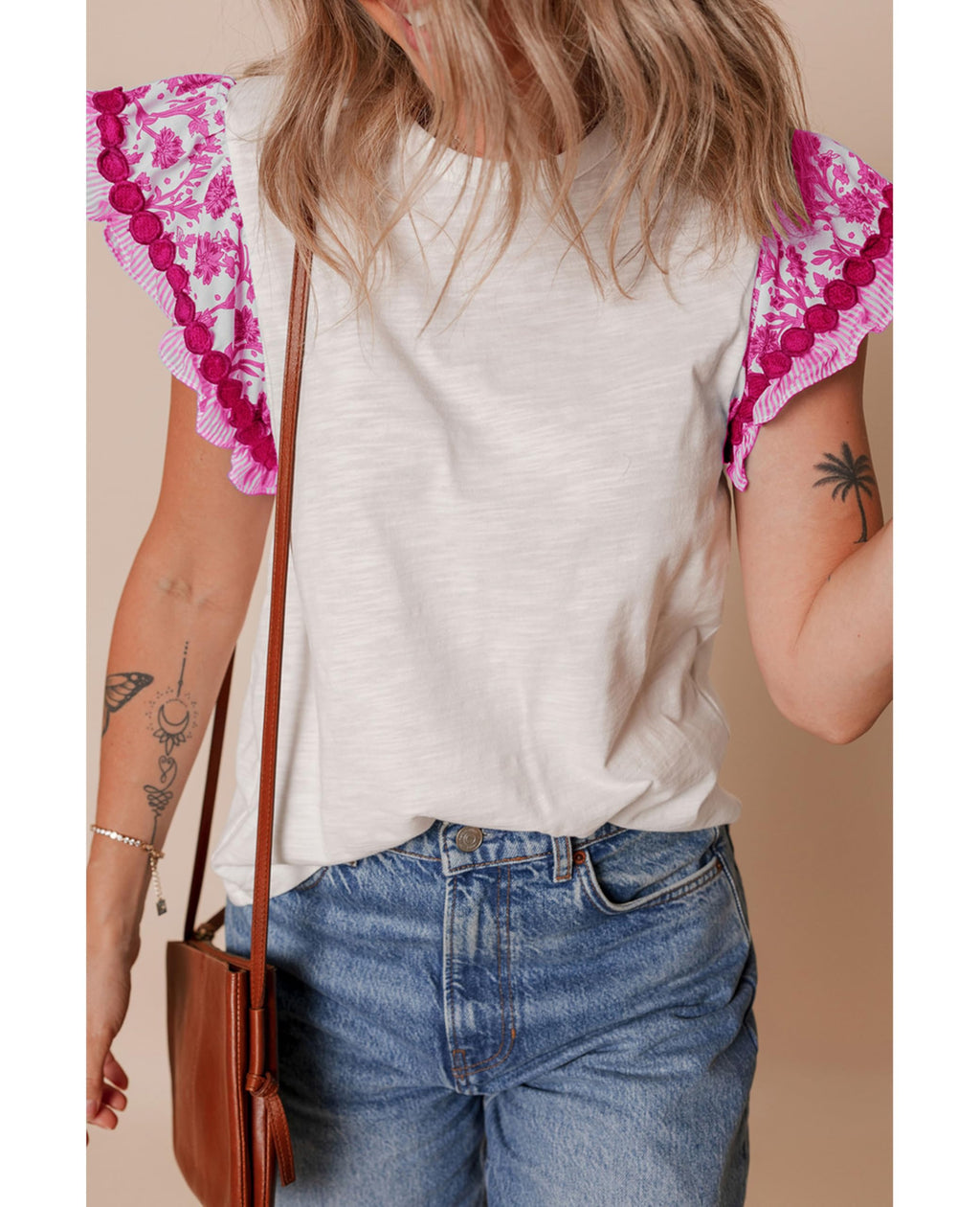 SELINK Womens Summer Ruffle Short Sleeve Top Crewneck T Shirts Floral Trim Casual Blouses