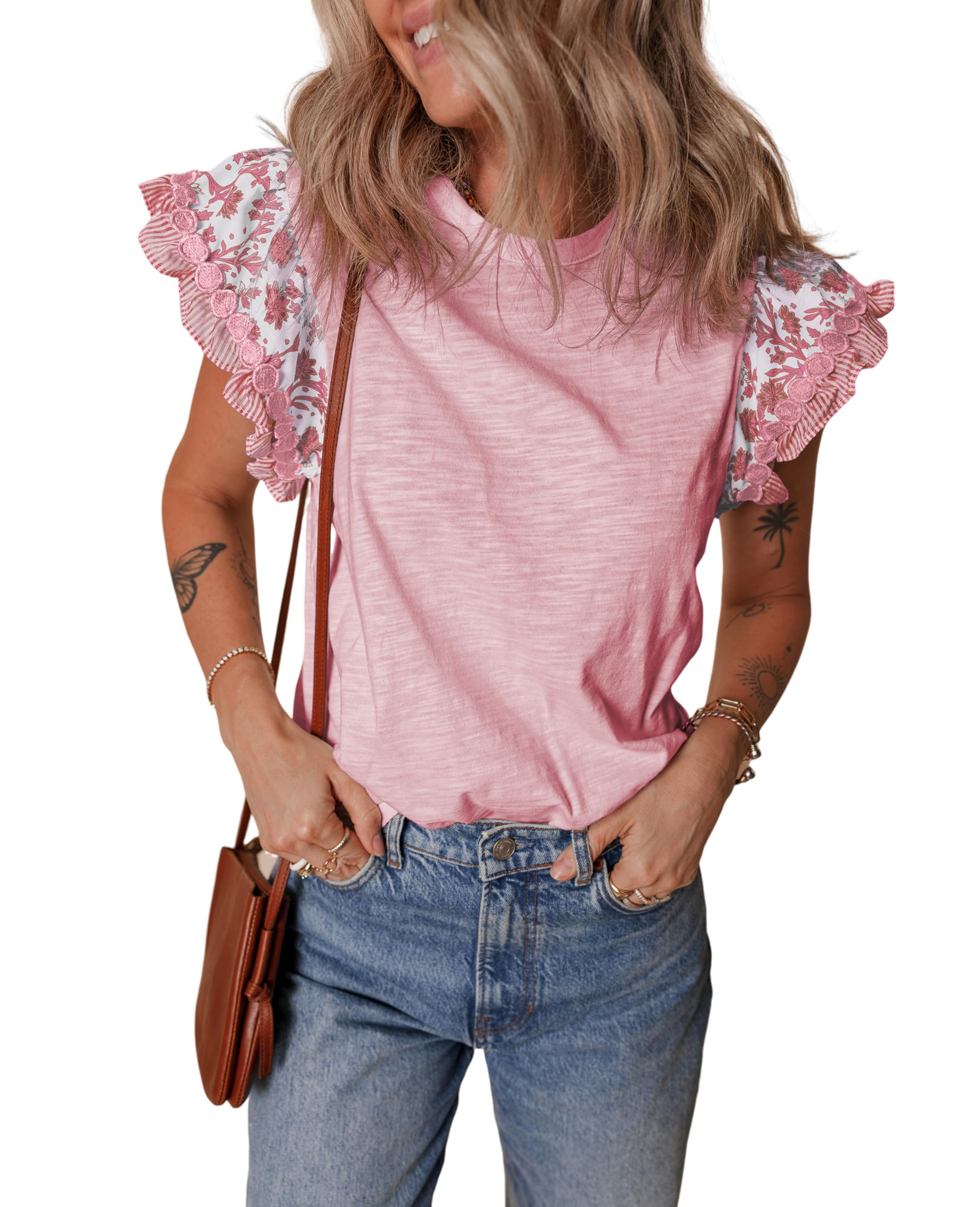 SELINK Womens Summer Ruffle Short Sleeve Top Crewneck T Shirts Floral Trim Casual Blouses