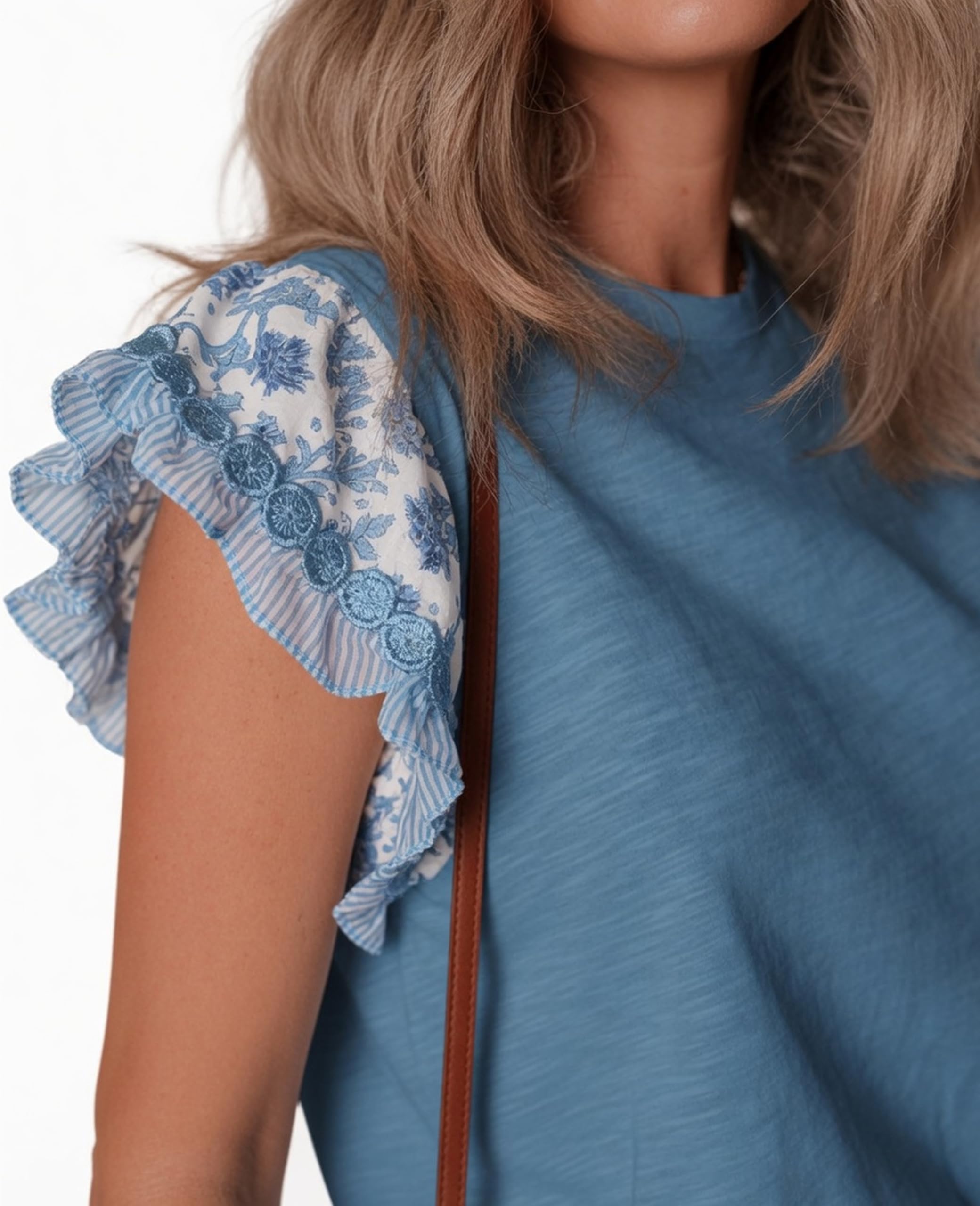 SELINK Womens Summer Ruffle Short Sleeve Top Crewneck T Shirts Floral Trim Casual Blouses