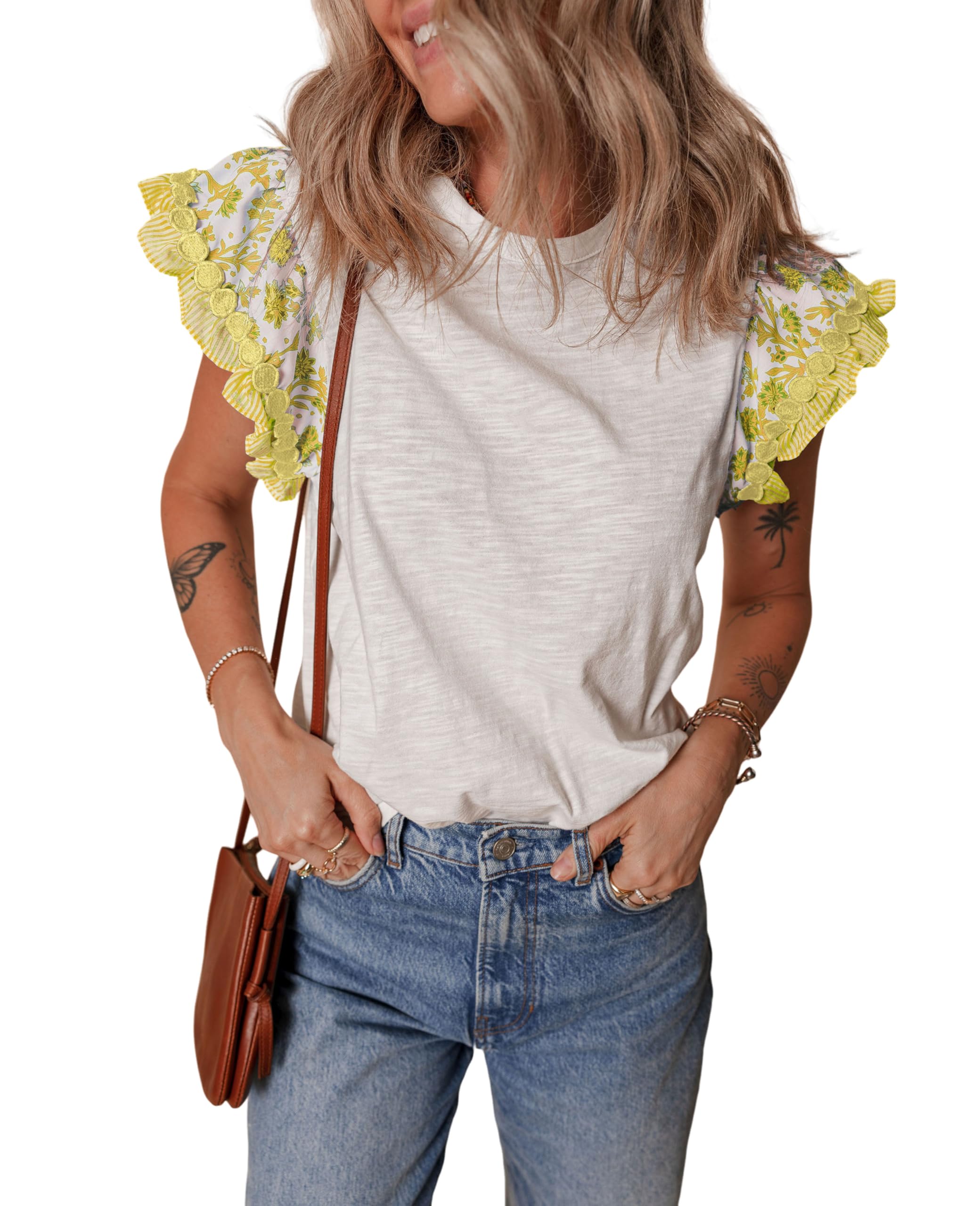 SELINK Womens Summer Ruffle Short Sleeve Top Crewneck T Shirts Floral Trim Casual Blouses