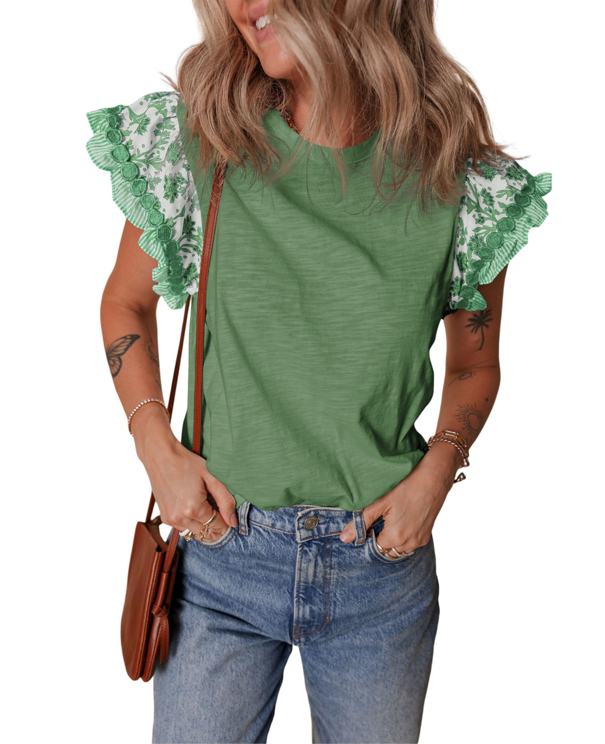 SELINK Womens Summer Ruffle Short Sleeve Top Crewneck T Shirts Floral Trim Casual Blouses